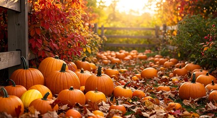 Obraz premium Autumn Pumpkin Patch with Vibrant Fall Foliage and Golden Sunlight.