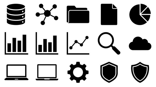 A collection of black and white icons representing data analysis and technology concepts on white