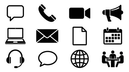 A collection of communication icons including speech bubble phone video laptop and meeting representation