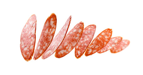 Sausage slices levitate on a white background