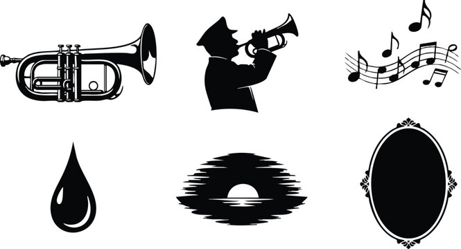 Monochrome vector art set with trumpet player silhouette musical notes sunset scene water drop and vintage oval frame icons in flat black style