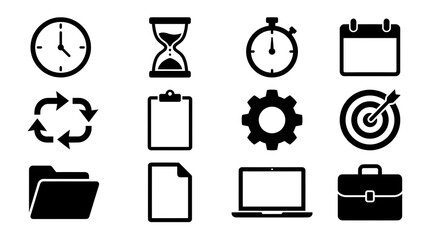 A collection of twelve black vector icons representing time management and business productivity tools