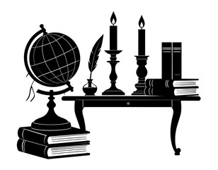 Black silhouette depicting a desk with antique objects a globe, books, candles, a quill, and inkwell