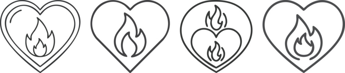 Passion thin line icon depicting heart with flame in bold minimal style symbolizing motivation energy enthusiasm