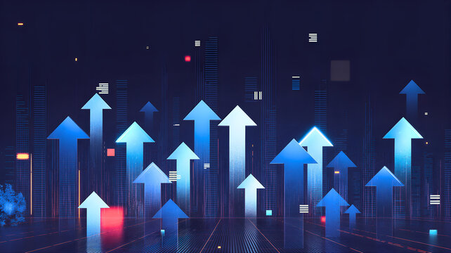 Dynamic digital background illustrating continuous business growth and market success with numerous rising arrows symbolizing upward trends, future progression, and data-driven insights