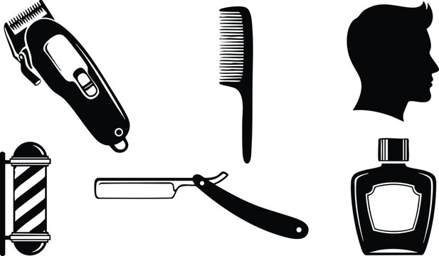 Flat vector art set of black barber tools with electric clipper comb razor aftershave bottle barber pole and male head silhouette on clean white background