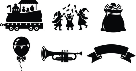 Flat design christmas parade train silhouettes with children throwing candy bag of gifts balloon trumpet and ribbon banner in playful black festive vector set