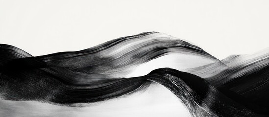 Abstract black ink wash painting of flowing hills.