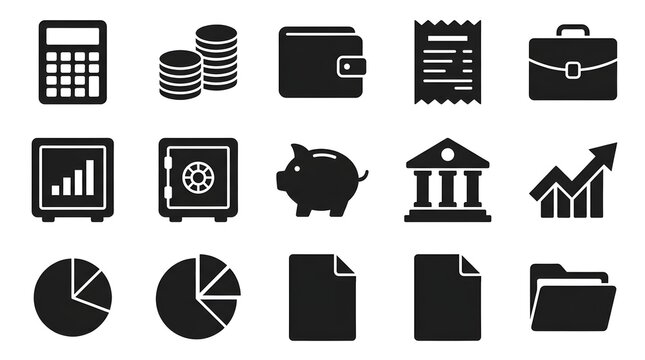 Collection of financial icons including calculator coins wallet receipt and briefcase in black