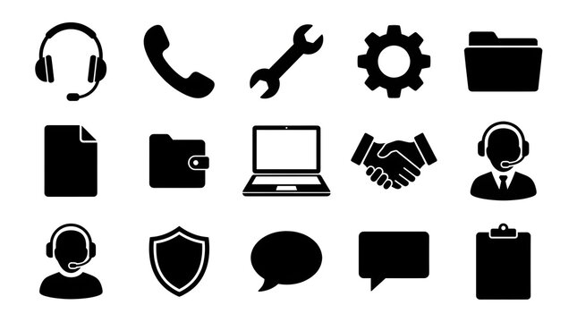 Collection of black and white business and communication icons on a white background displaye d neatly