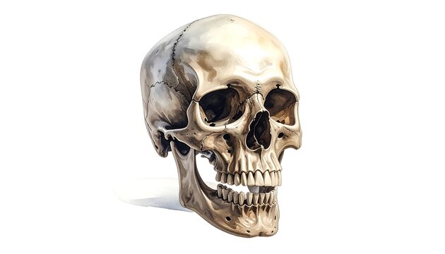 A realistic, three-quarters view of a human skull, rendered in muted tones. Isolated on a white background, it casts a soft shadow