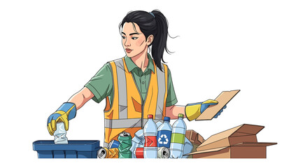 A dedicated woman in a safety vest efficiently sorts plastic, metal, and cardboard, promoting responsible recycling and environmental sustainability for a cleaner future