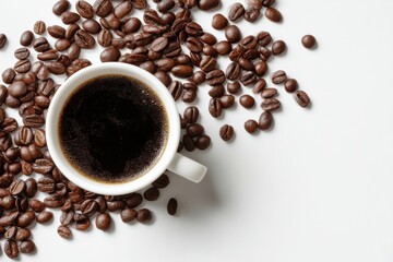 Minimalist white porcelain coffee mug with steaming black brew and roasted beans on white background for café branding beverage packaging and morning lifestyle promotion

