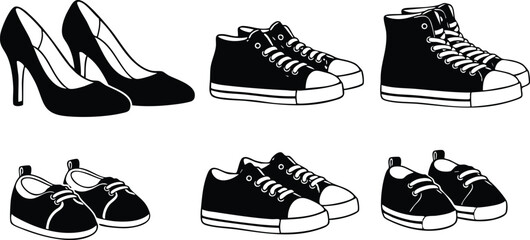 Monochrome vector art set of family shoes with black high heels sneakers and baby booties arranged in two rows on white background minimal flat silhouette style