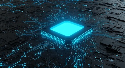 Futuristic CPU glowing on a circuit board, representing advanced technology and computing power.