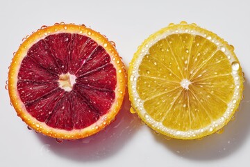 Blood orange and lemon halves with juice droplets on white surface for citrus beverage branding vitamin packaging wellness editorial and clean food styling concept

