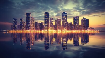 City skyline reflected in calm water at sunset.