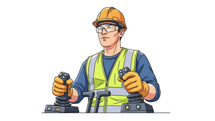 Skilled construction worker safely operating heavy machinery using dual joysticks, highlighting expertise and control in industrial or building site operations