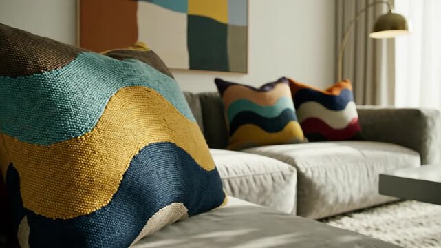 Cozy living room sofa with abstract patterned cushions and artwork