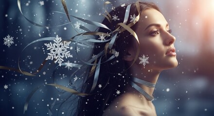 Ethereal portrait of a beautiful woman with snowflakes and silver ribbons in her flowing hair.