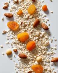 Natural grains with rolled oats quinoa almonds and dried apricot on white surface for healthy breakfast packaging wellness branding clean food editorial and nutrition promotion

