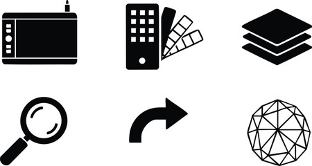 Flat design vector art icons of drawing tablet color palette stack layers magnifier curved arrow and wireframe sphere in simple black silhouette style