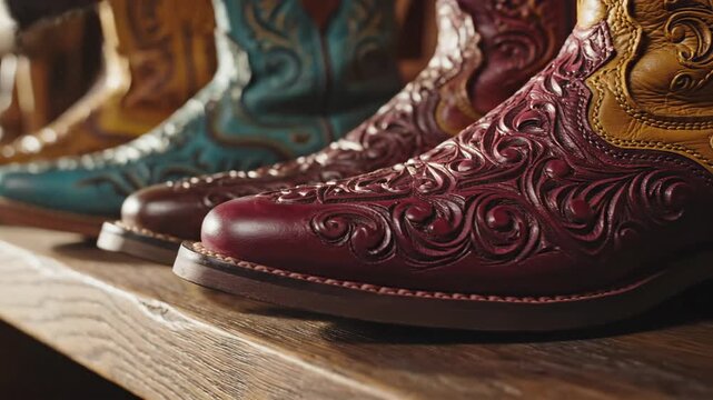 Row of western style leather boots lined up on wooden shelf