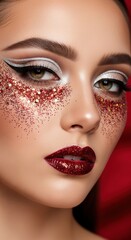 Fototapeta premium Close-up portrait of a beautiful woman with dramatic, artistic makeup featuring red glitter freckles and bold lipstick.