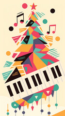 Obraz premium Music Festival Concert Party Illustration Background, Christmas Tree, Piano Keyboard, and Notes