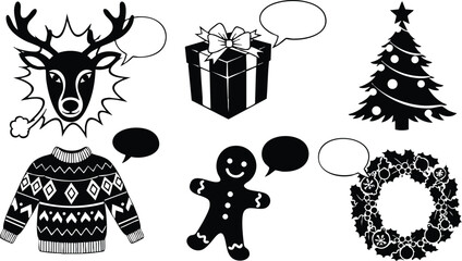 Festive black and white vector icons of reindeer head gift box christmas tree sweater gingerbread cookie and wreath with empty speech bubbles for holiday messages
