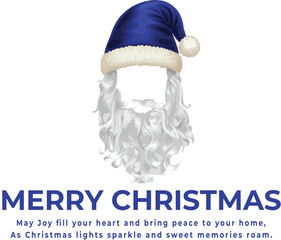 Christmas greeting logo vector with stylized blue Santa hat and white beard, no face, and festive message
