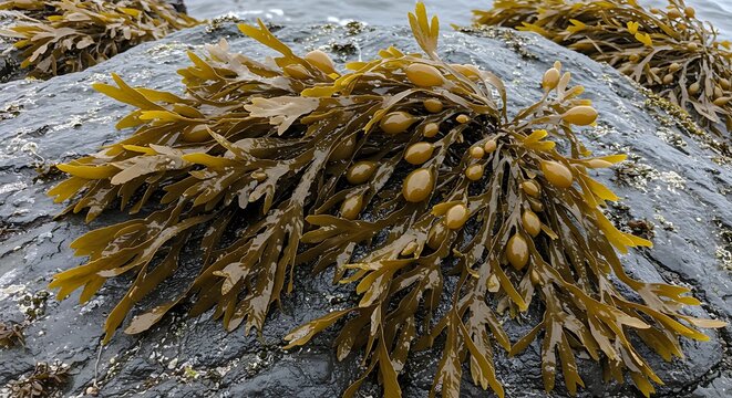 Close-up of vibrant brown seaweed clinging to a rock on the seashore, showcasing its natural texture and marine environment.