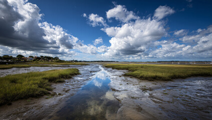 Obraz premium Scenic Coastal Marshland Under a Cloudy Sky Reflection.