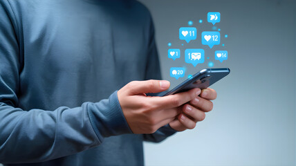 A person holding a mobile phone with glowing blue social media notification icons for likes, comments, and followers emerging from the screen