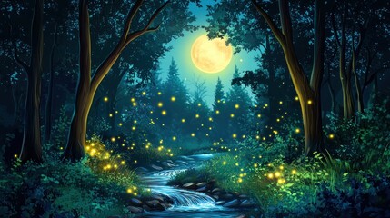 Moonlit forest stream with fireflies.