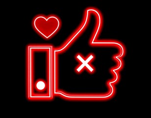 Glowing red neon hand with thumb up, a heart, and an "X," against black, expressing positive/negative sentiment
