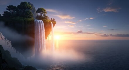 Serene seascape with suspended island waterfall at sunset casting an ethereal glow