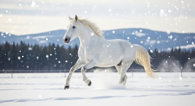 Ethereal equine elegance: White horse gallops through a snowy winter landscape majestically - Powered by Adobe