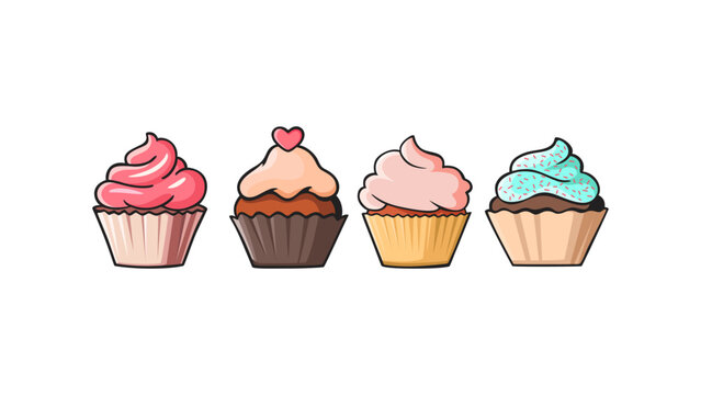 Set of four cute cartoon cupcakes vector illustration with different icing flavors (pink, brown, light pink, turquoise) and a heart topping. Perfect for bakeries, dessert menus, sweet recipes, cakes