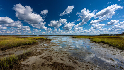 Scenic Marshland Under a Cloudy Blue Sky - A Tranquil Coastal Landscape.