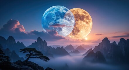Mystical moon convergence over serene mountain landscape with ethereal atmosphere
