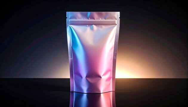 Sleek iridescent stand-up pouch with a holographic foil effect, presented as a blank mockup on a reflective surface for product branding - Powered by Adobe