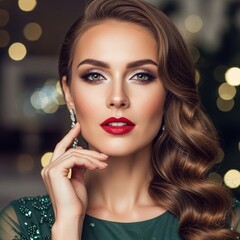Portrait of a glamorous woman with elegant makeup, red lipstick, and classic wavy hair against a festive bokeh background.
