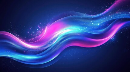 Abstract glowing neon waves with sparkles on dark blue background.