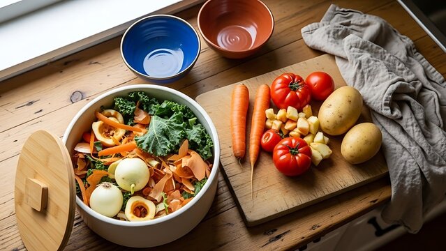 Food scraps in compost bin with organic vegetables and kitchen countertop - Powered by Adobe
