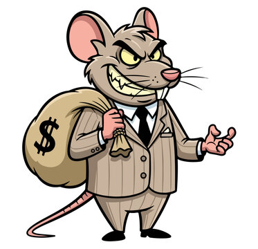 Cartoon Rat in Suit with Money Bag.