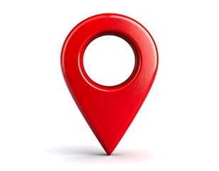 A 3D render of a glossy red navigation pin against a white backdrop. It has a rounded top and pointed base, indicating location