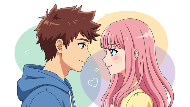Romantic Style Animated Couple Eye Contact Moment Together Illustration