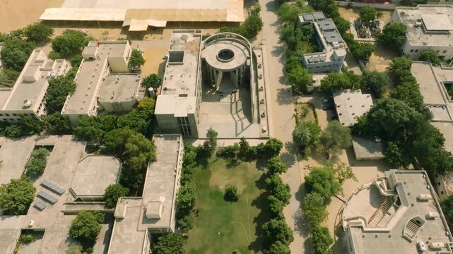 NED University campus buildings and green spaces from an elevated perspective