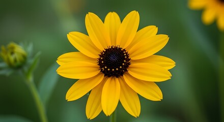 Obraz premium Close-up of a vibrant yellow Black-Eyed Susan flower with a dark center, set against a soft green blurred background, showcasing its delicate petals and natural beauty in a garden setting.